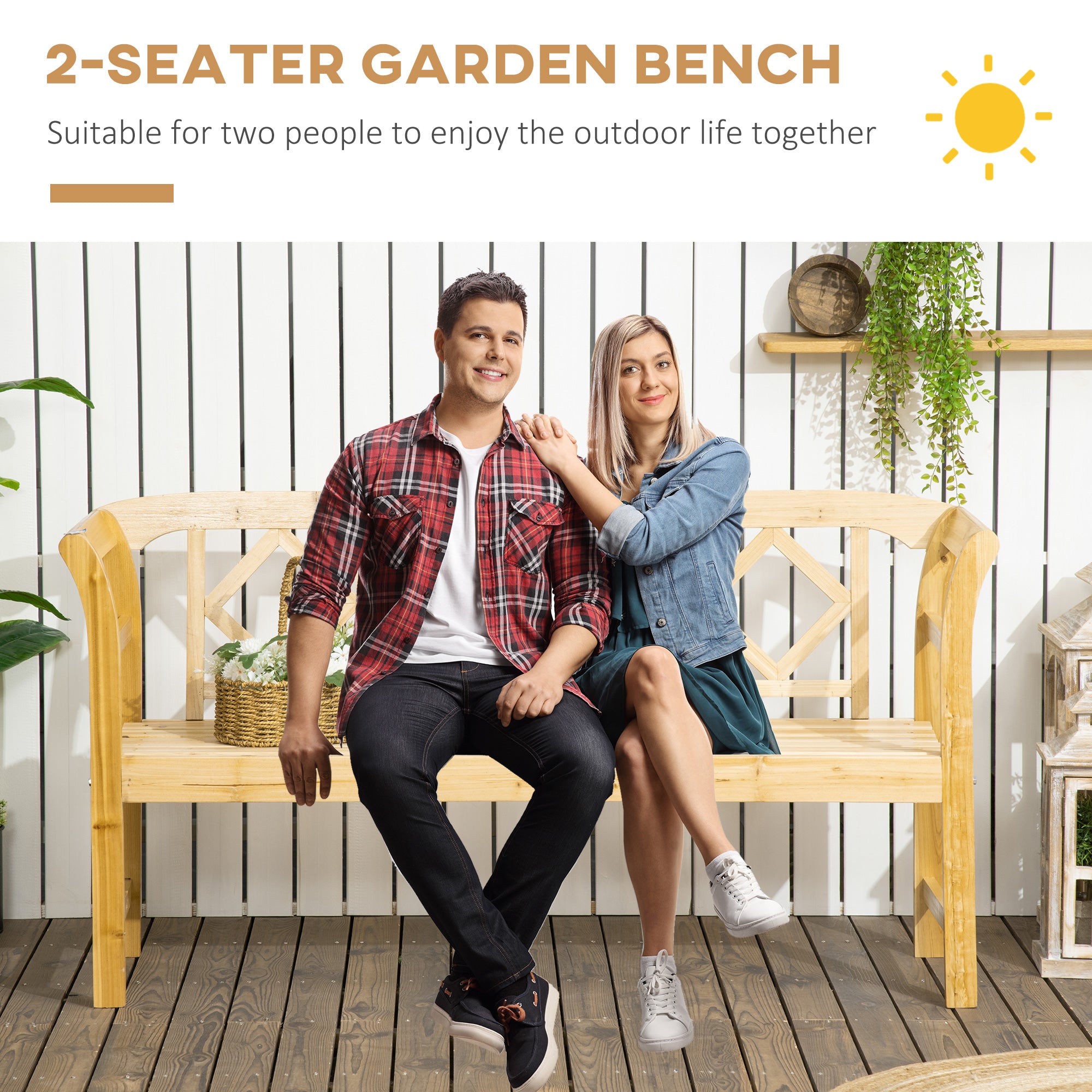 Wooden Patio Bench, Outdoor Garden Bench with Backrest and Armrests, 3 Person Porch Bench with Rustic Country Diamond Pattern, Natural