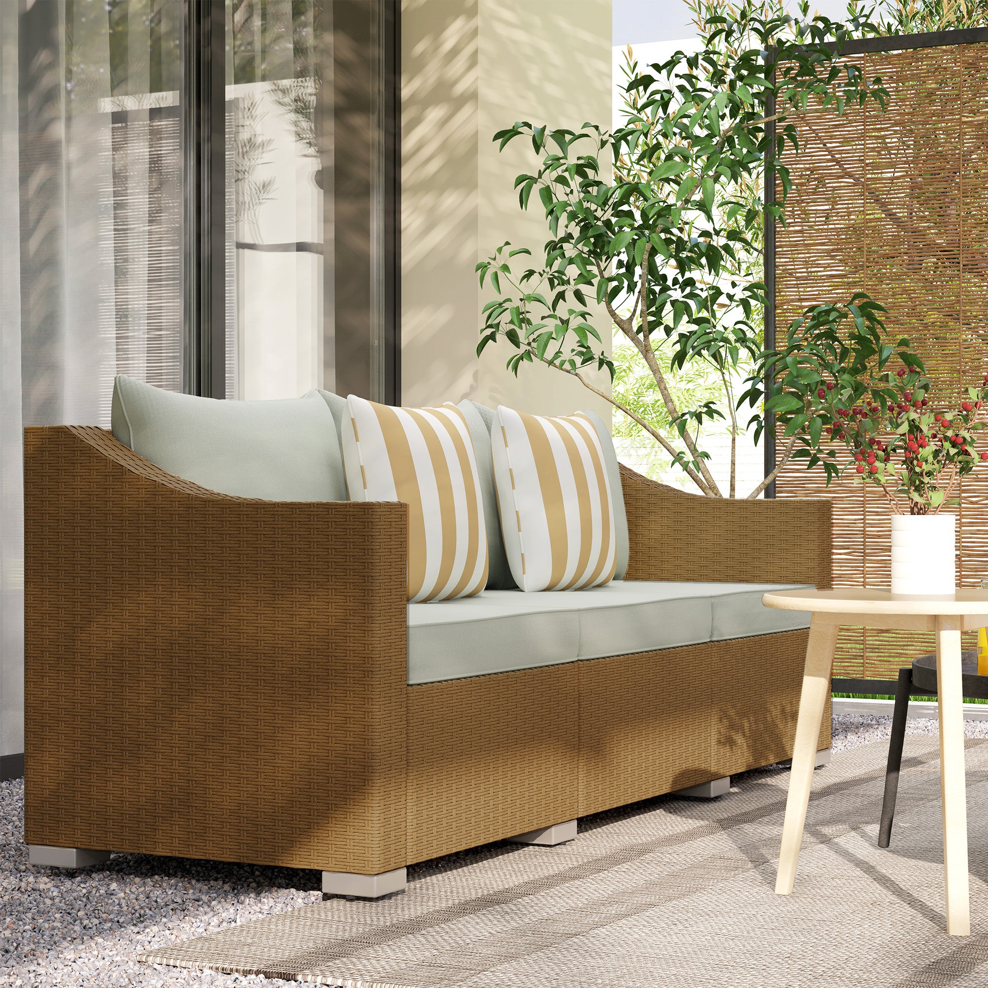 Rattan Wicker 3 Seater Patio Couch with Cushions, 2 Throw Pillows, Outdoor Furniture Rattan Sofa