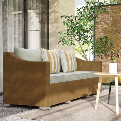 Rattan Wicker 3 Seater Patio Couch with Cushions, 2 Throw Pillows, Outdoor Furniture Rattan Sofa