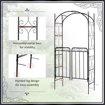 84" Garden Arch Arbor with Gate, Metal Arch Trellis, Garden Archway for Climbing Vines, Wedding Ceremony Decoration, Flourishes & Arrow Tips, Black