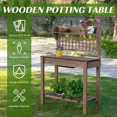Outdoor Potting Bench Table, Wooden Workstation with Sliding Tabletop, Storage Shelf and Dry Sink, for Greenhouse, Garden, Patio