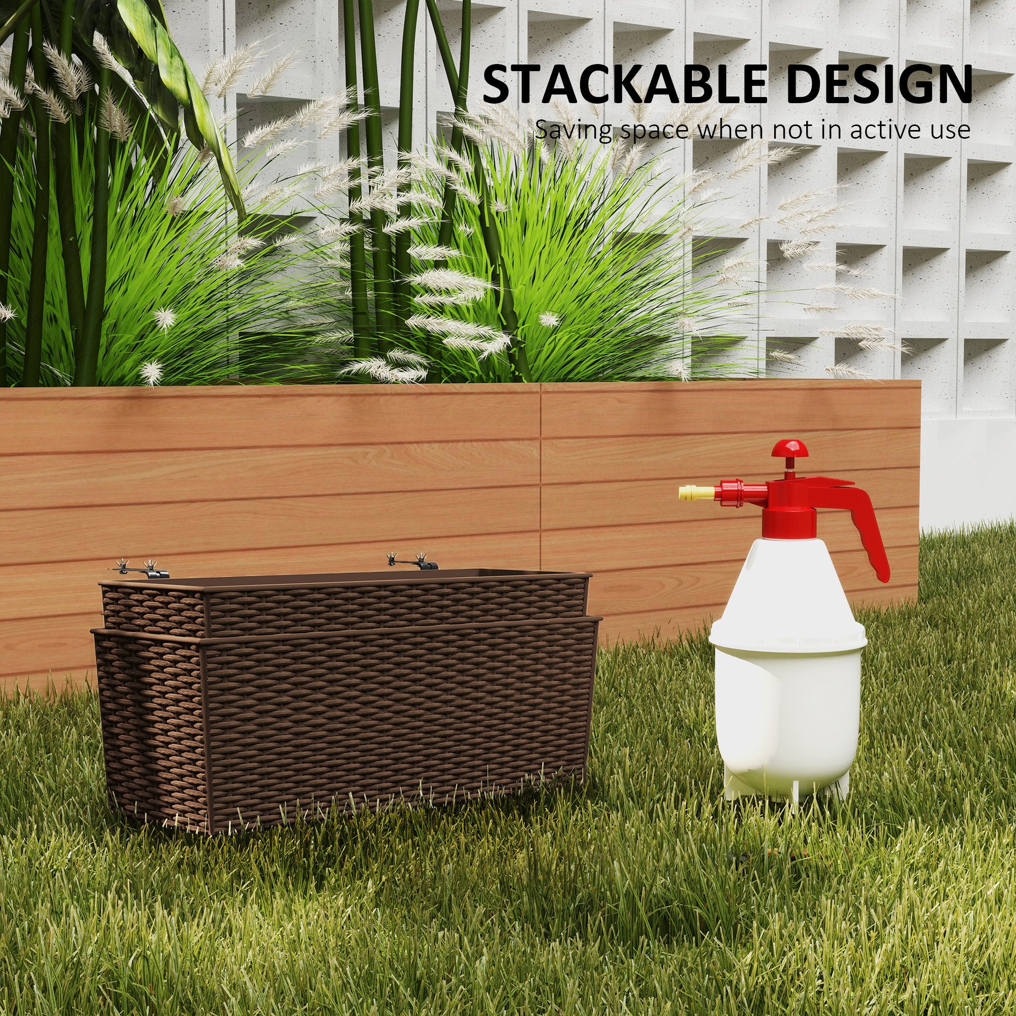 2 Pack 20 Inch Railing Flower Pots, Hanging Flower Pots with Hooks, Drainage Holes for Fence, Rattan Look, Brown