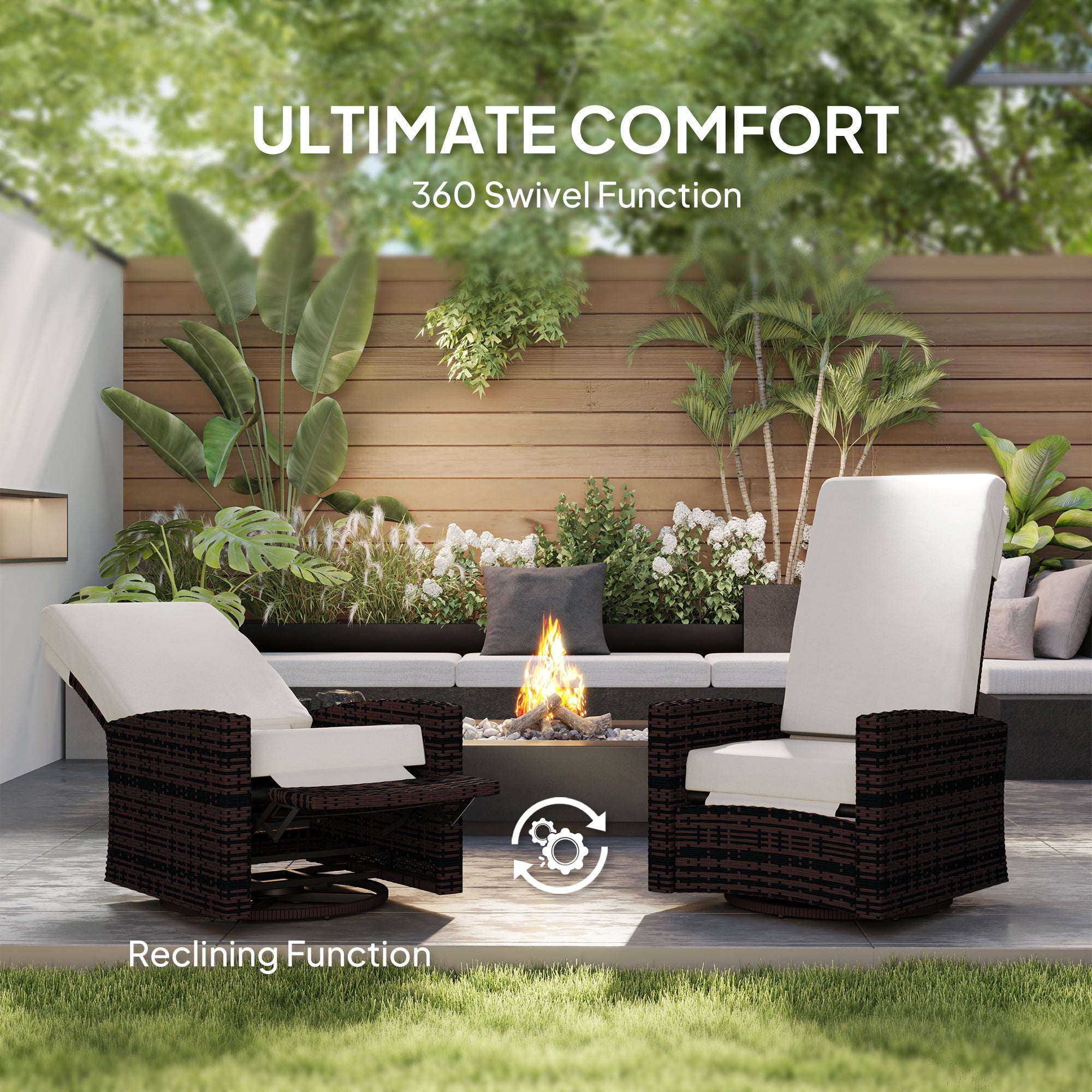 Outdoor Wicker Swivel Recliner Chair, Lifting Footrest, 360° Rotating Basic, Water-resistant Cushions, Dark