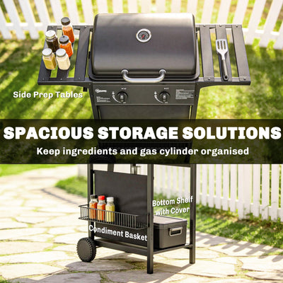 2 Burner Propane Gas Grill, 18000 BTU BBQ Grill with Wheels, Warming Rack, Shelf, Thermometer, Grease Cup, Black
