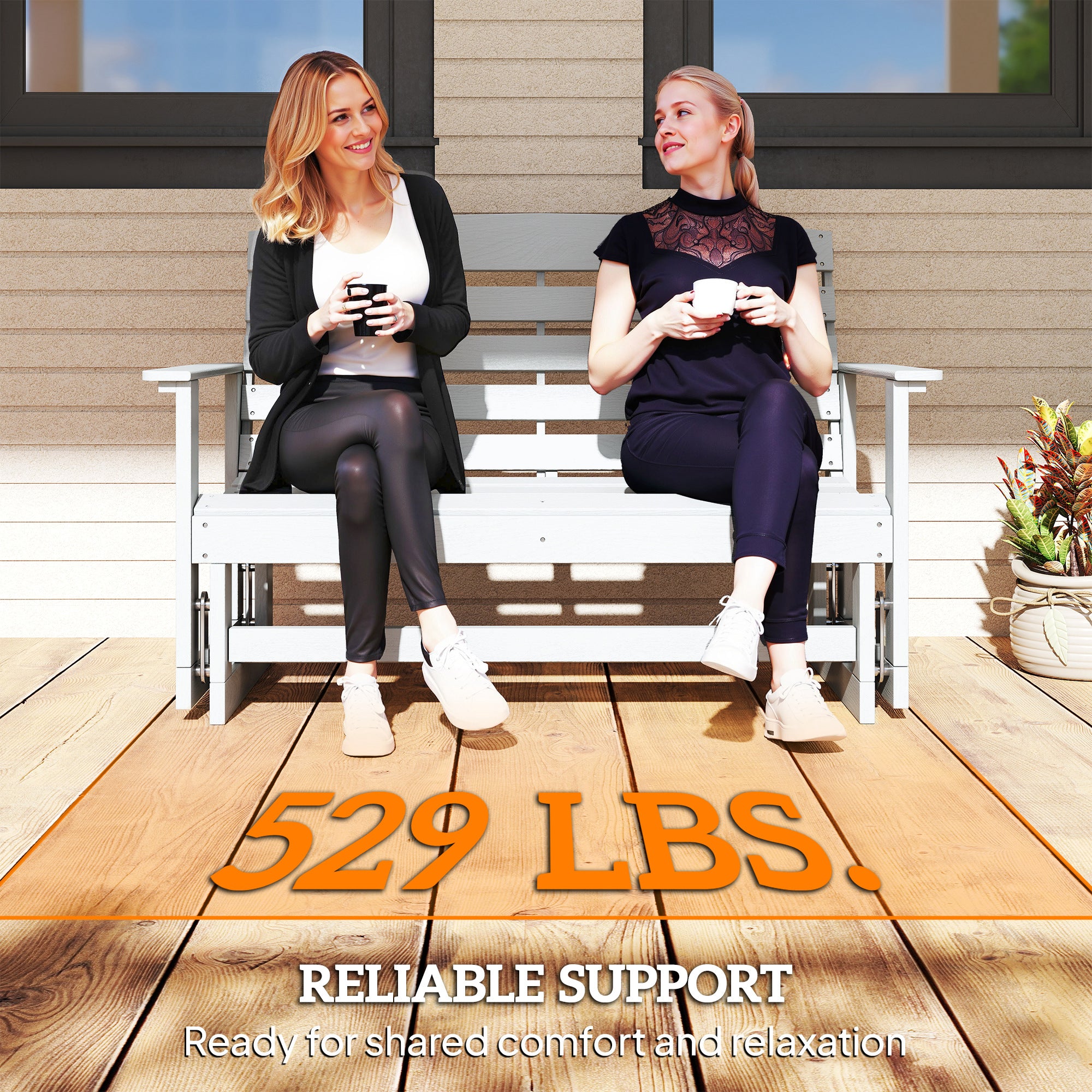 Patio Glider Bench w/ HDPE Slatted Double Rocking Chair