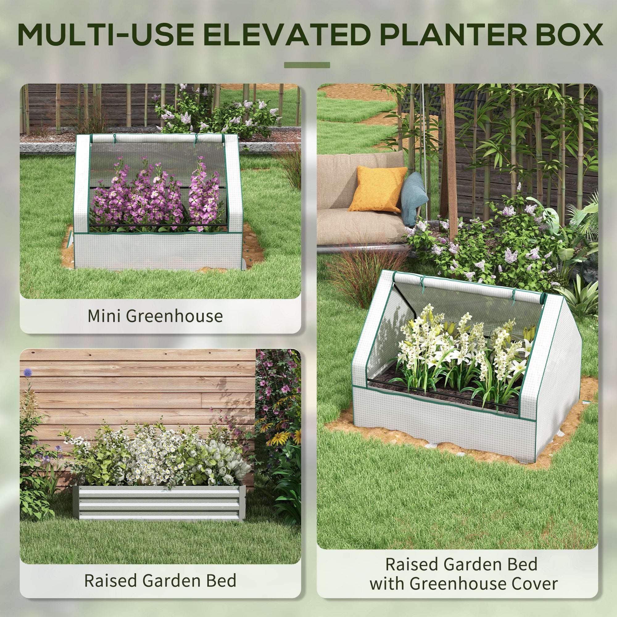 Raised Garden Bed, Outdoor Metal Planter Box with Mini Greenhouse, White and Silver