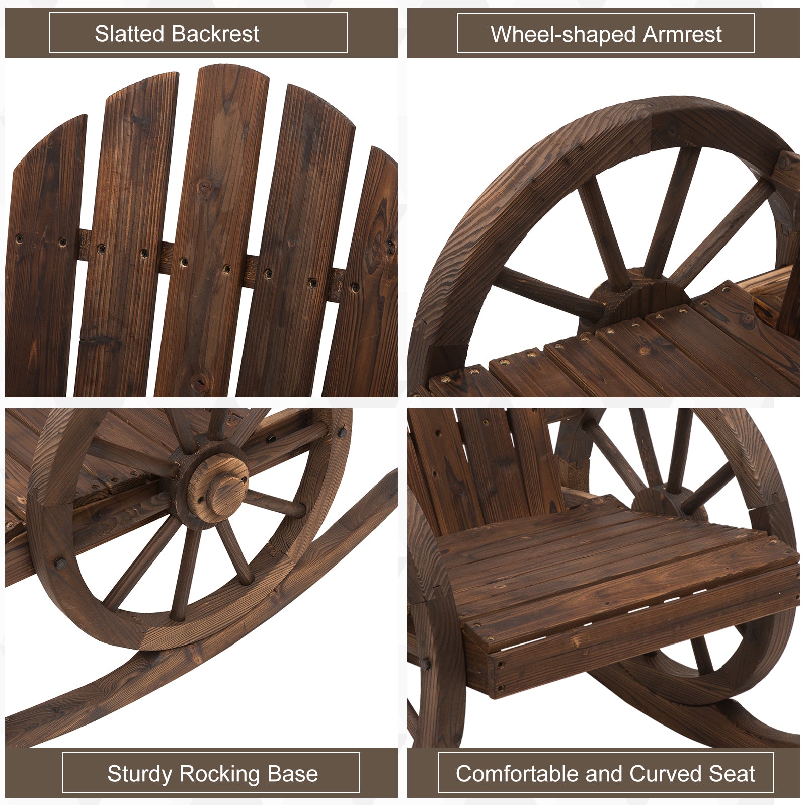 Wooden Rocking Chair, Adirondack Rocker Chair w/Slatted Design and Oversized Back, Outdoor Rocking Chair with Wagon Wheel Armrest for Porch, Poolside, and Garden, Carbonized