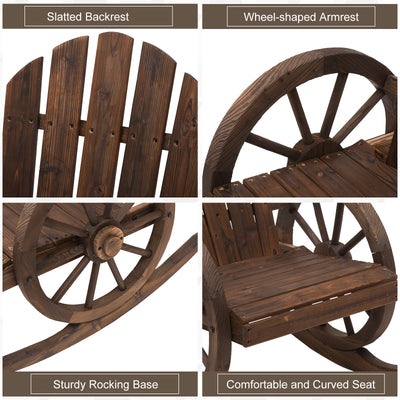 Wooden Rocking Chair, Adirondack Rocker Chair w/Slatted Design and Oversized Back, Outdoor Rocking Chair with Wagon Wheel Armrest for Porch, Poolside, and Garden, Carbonized