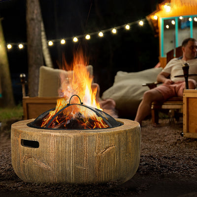 Outdoor Fire Pit, 24 Inch Metal Wood Burning Fireplace with Spark Cover, Poker, Woodgrain Design, Light Brown