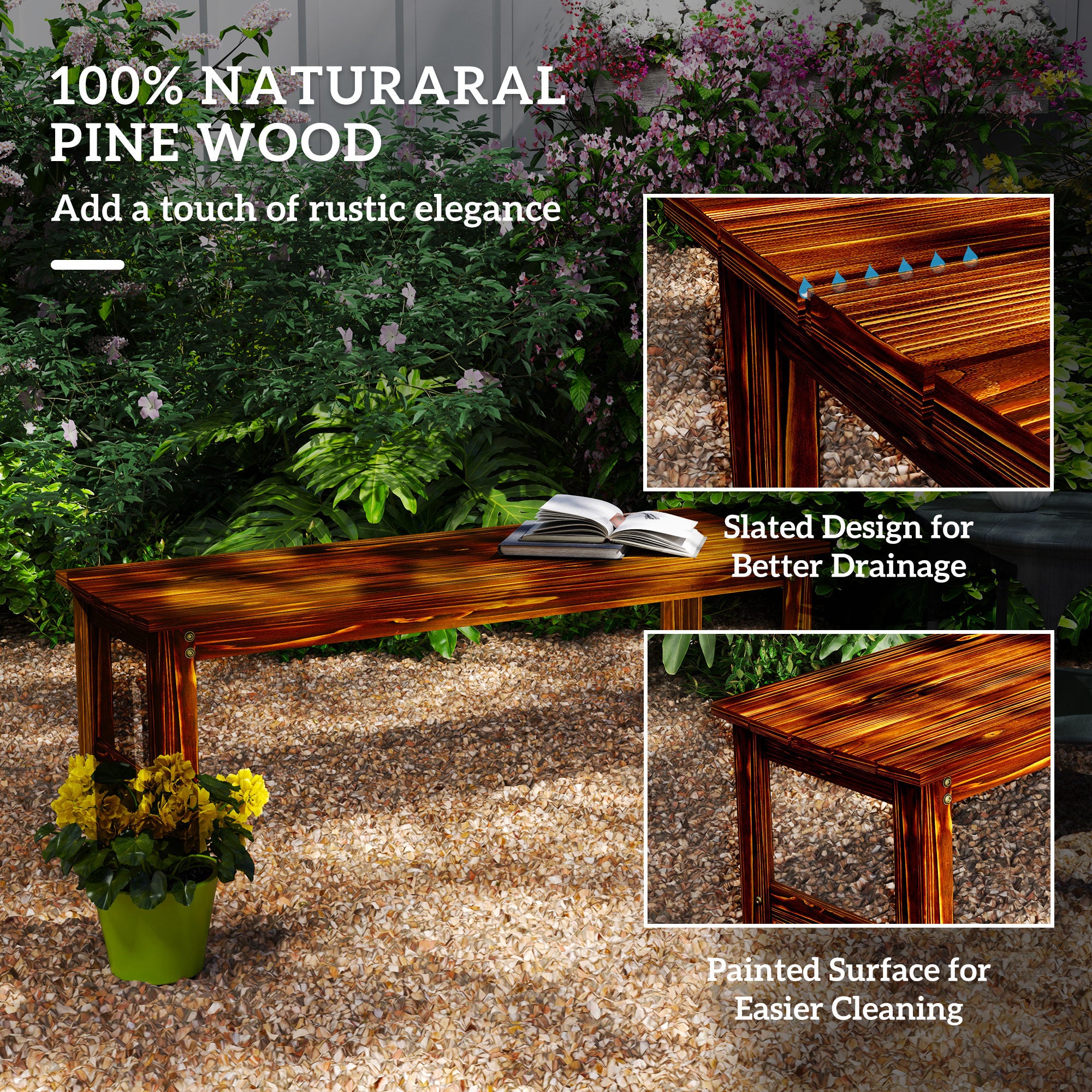 2-Seat Wood Garden Bench, Patio Bench Outdoor Bench with Slatted Seat, Backless Front Porch Bench for Park, Garden, Poolside, Deck, Carbonized