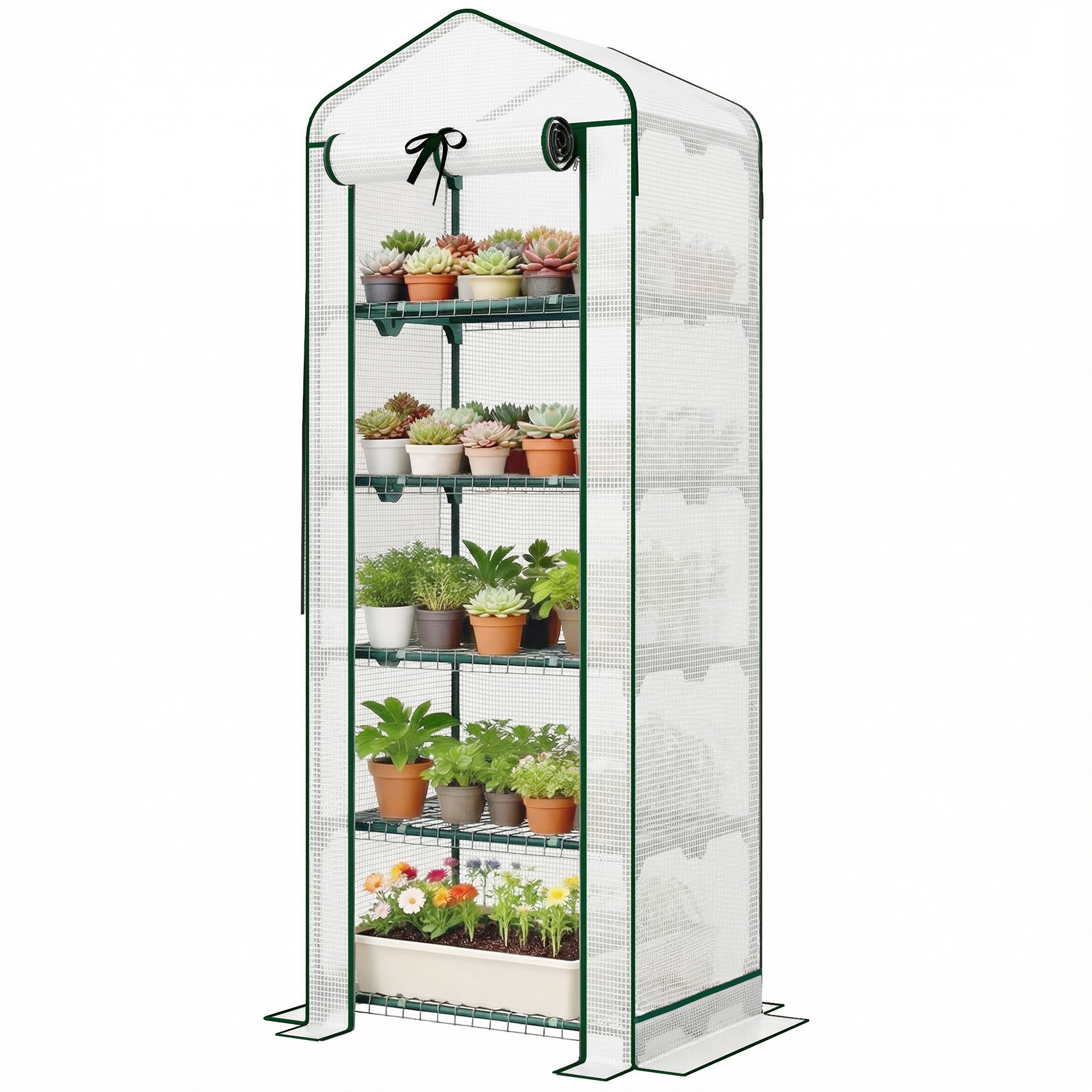 Mini Greenhouse with Screen Roof, 5 Tier Portable Small Greenhouse with High Strength PE Cover