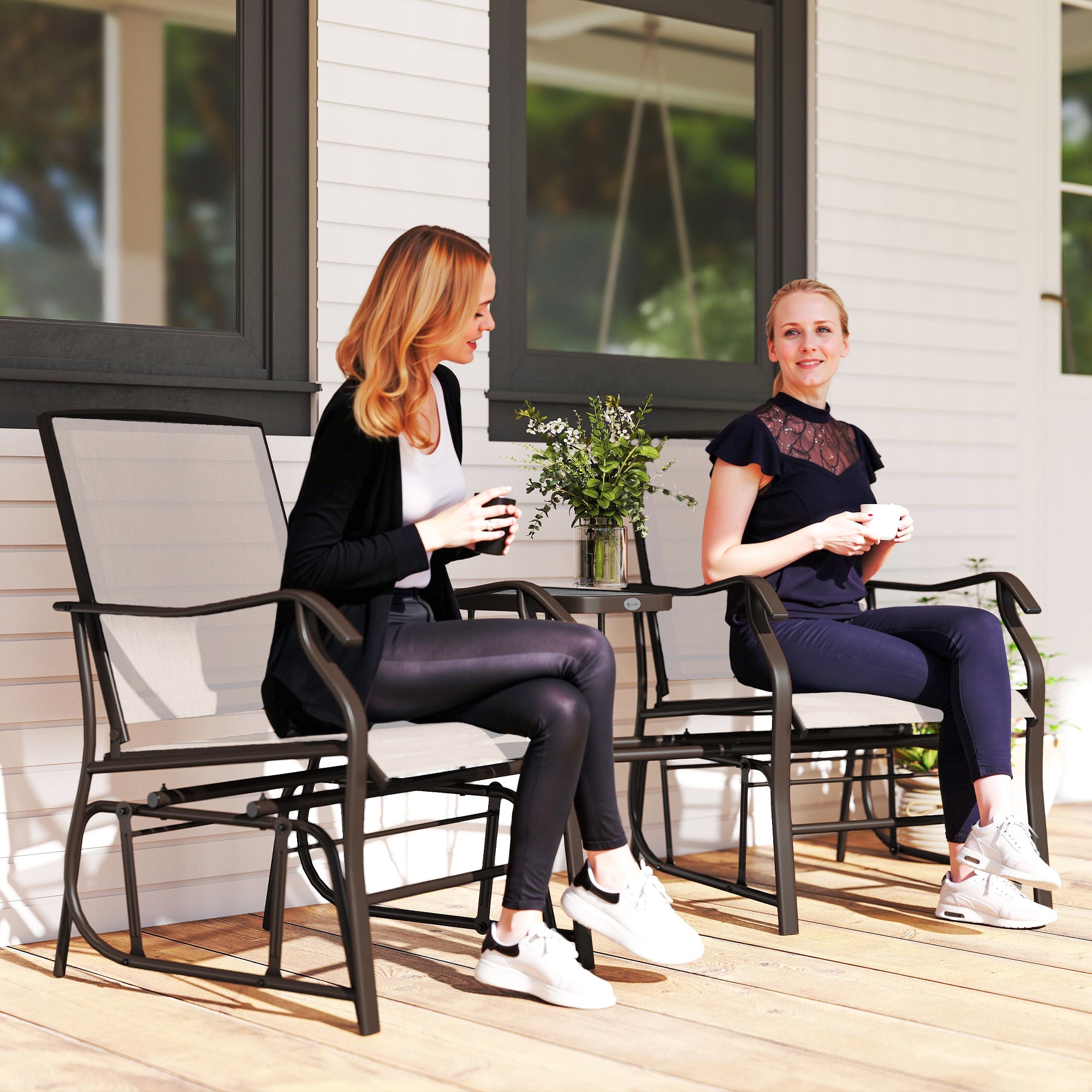 Outdoor Glider Chairs with Coffee Table, Patio 2-Seat Rocking Chair Swing Loveseat with Breathable Sling for Backyard, Garden, and Porch