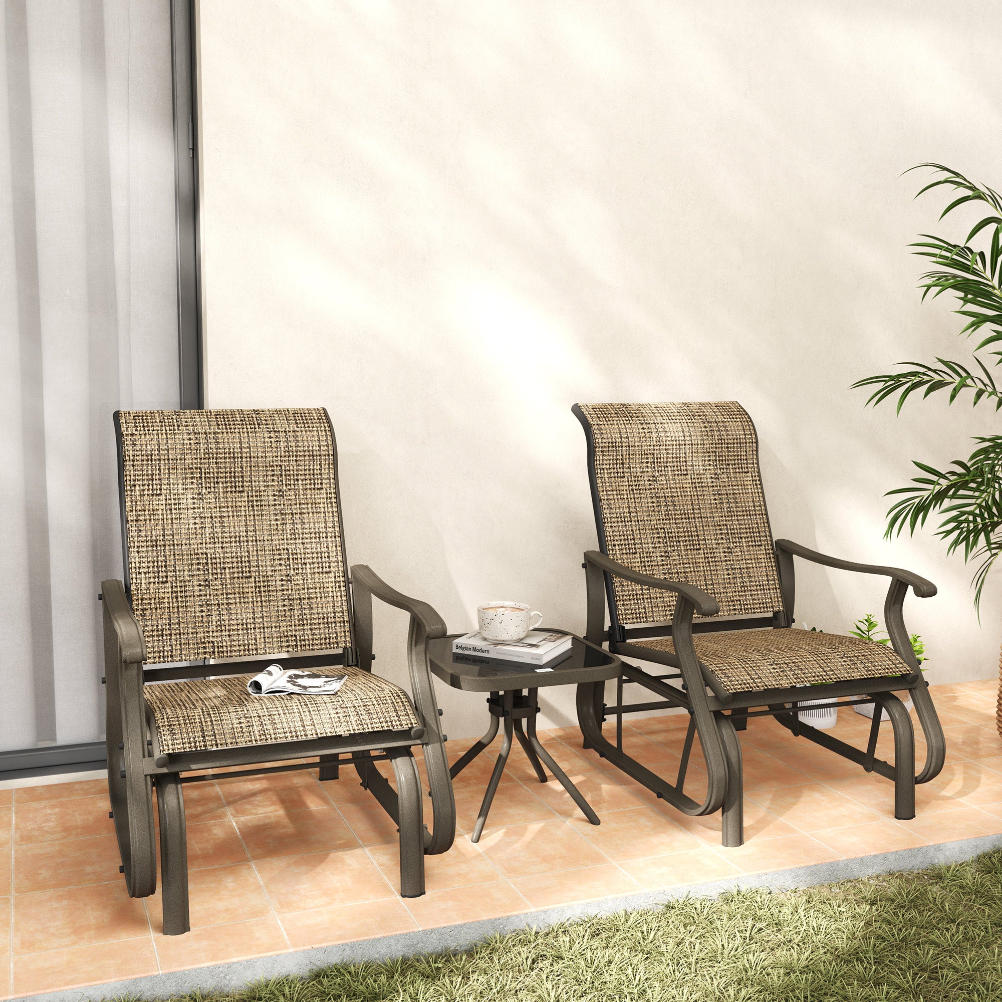 3-Piece Outdoor Gliders Set Bistro Set with Steel Frame, Tempered Glass Top Table for Patio, Garden