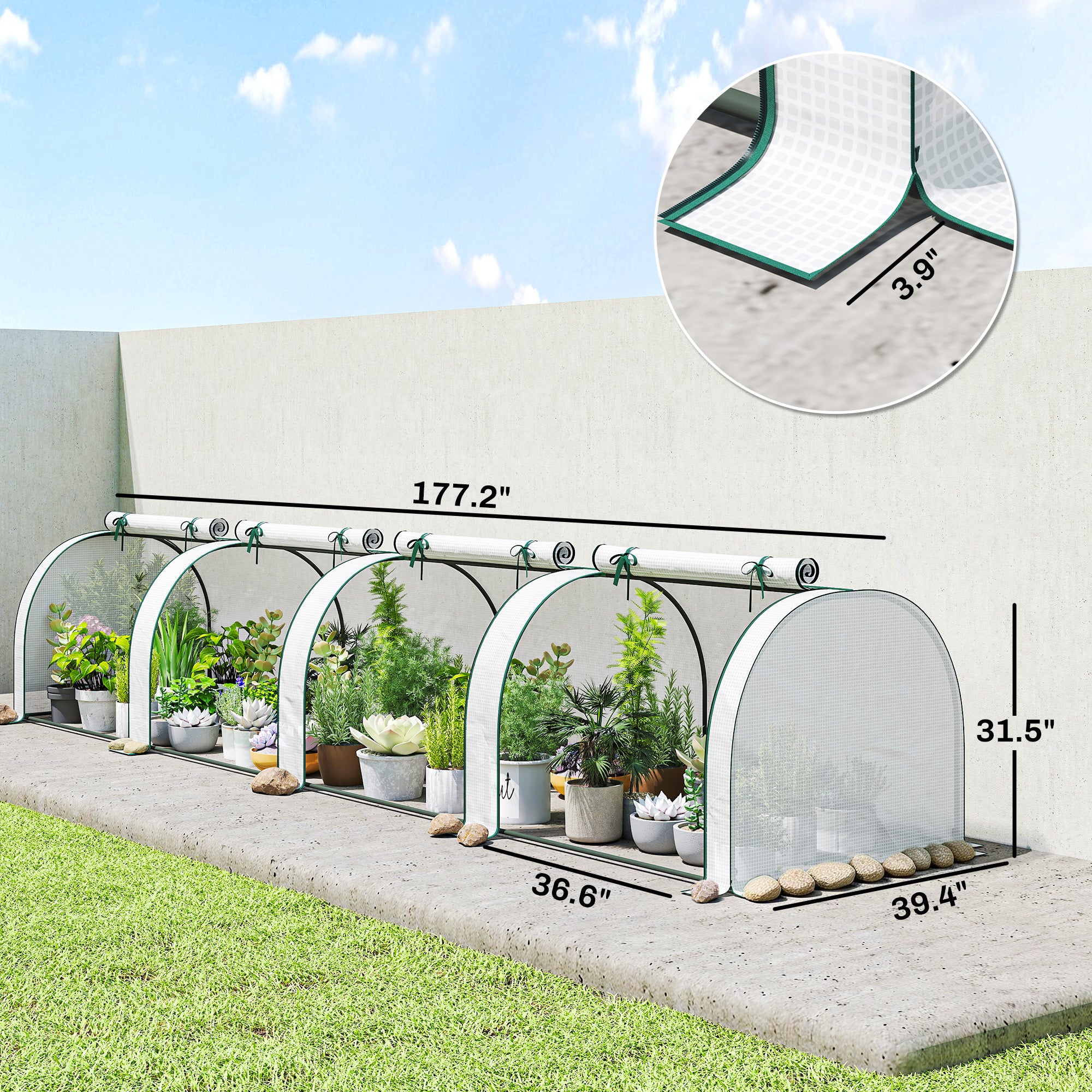 Mini Greenhouse, Portable Greenhouse with 4 Roll-Up Doors, PE Cover, 177.2" x 39.4" x 31.5"