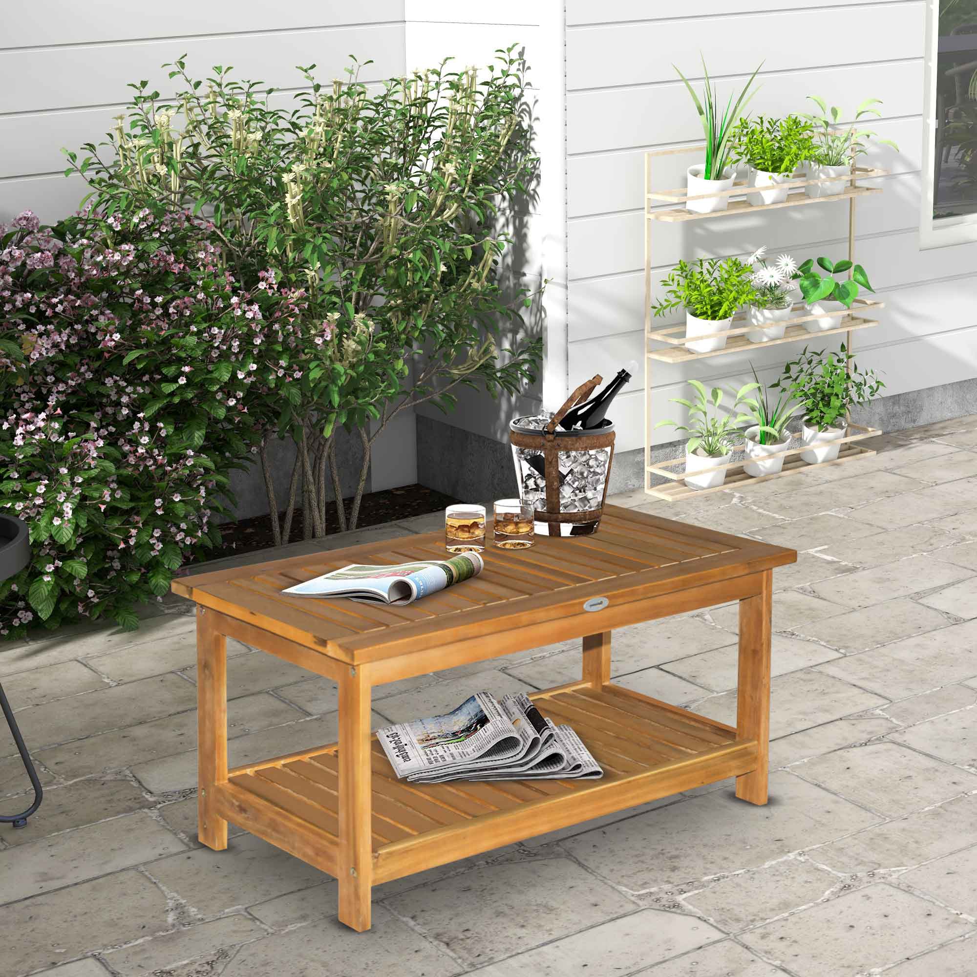 36" Outdoor Coffee Table 2-Shelf Acacia Wood Rectangular Buffet Storage Organizer Natural Finish Teak Patio, Deck, Lawn, Garden
