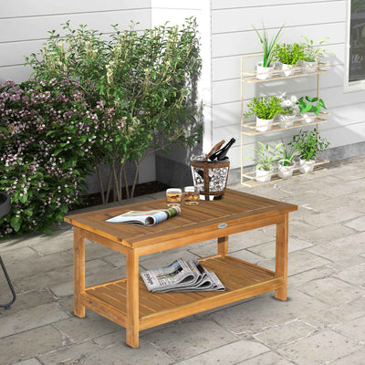 36" Outdoor Coffee Table 2-Shelf Acacia Wood Rectangular Buffet Storage Organizer Natural Finish Teak Patio, Deck, Lawn, Garden