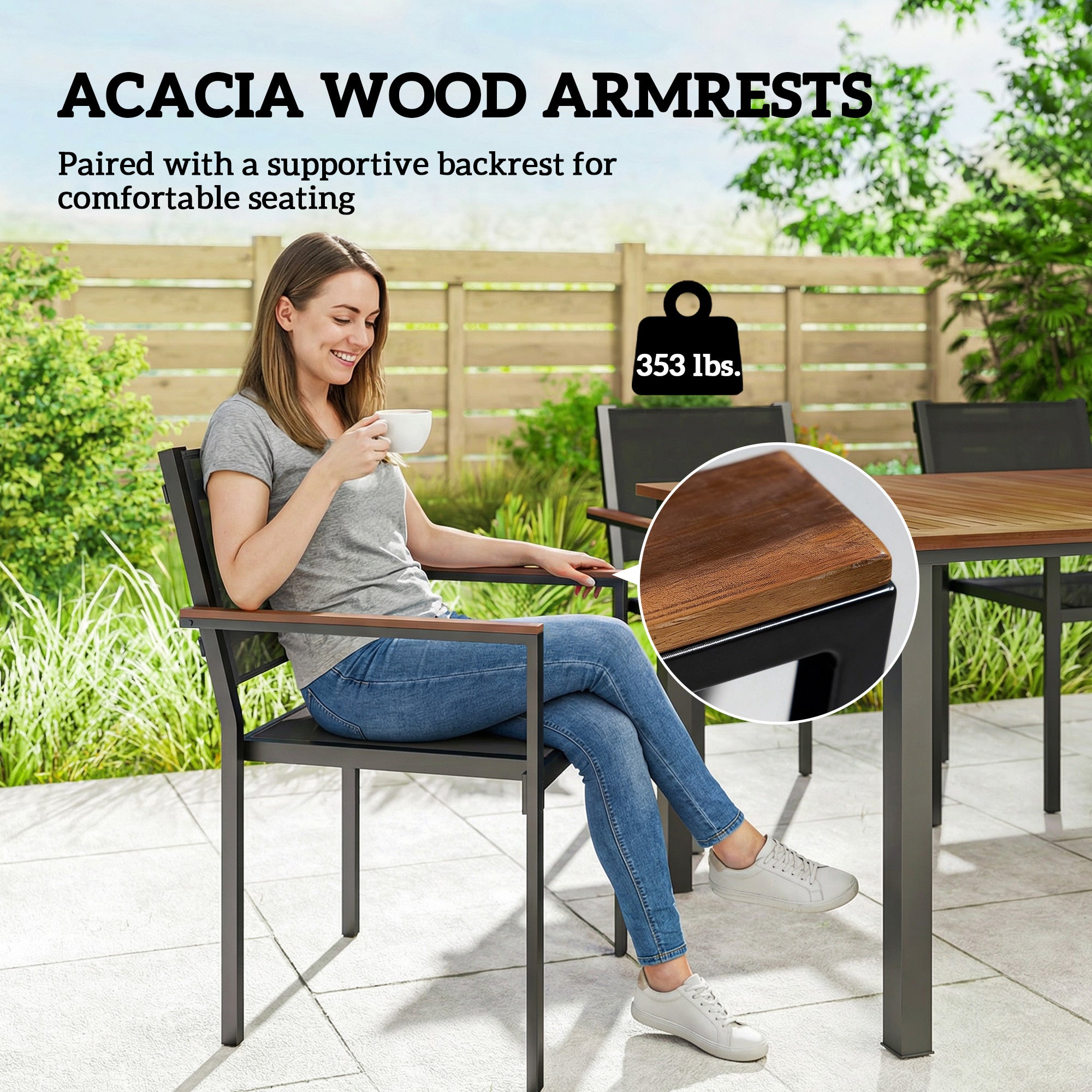 Outdoor Dining Set for 4, Patio Table and Chairs Set with 59" Rectangle Acacia Wood Table and 352 LBS Stackable Chairs
