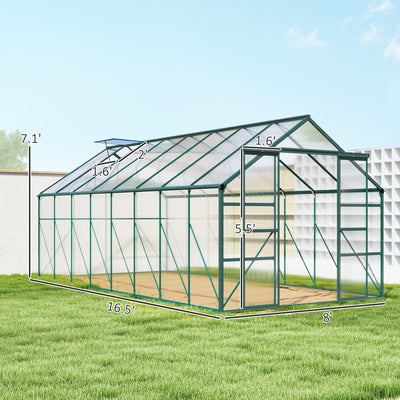 16' x 8' Aluminum Greenhouse Polycarbonate Walk-in Garden Greenhouse Kit with Adjustable Roof Vent, Rain Gutter and Sliding Door for Winter, Clear