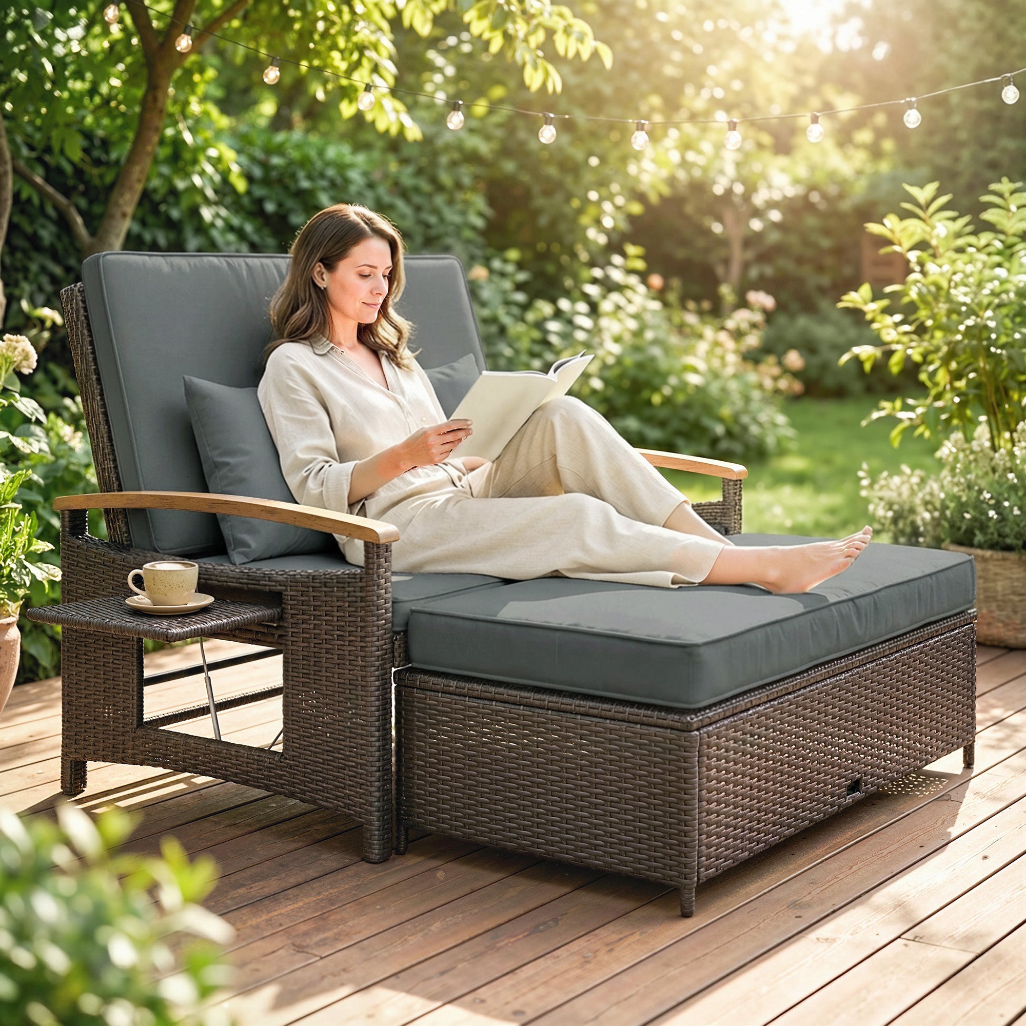 Rattan Outdoor Daybed w/4-Level Adjustable Backrest, Patio Sofa Bed w/Storage Ottoman, Acacia Wood Armrest