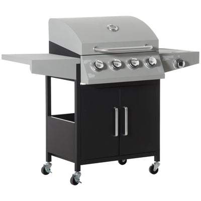 52" Barbecue Grill with Wheels 4+1 Burner Liquid Propane Gas Grill Outdoor Cabinet Style BBQ Trolley w/ Side Burner