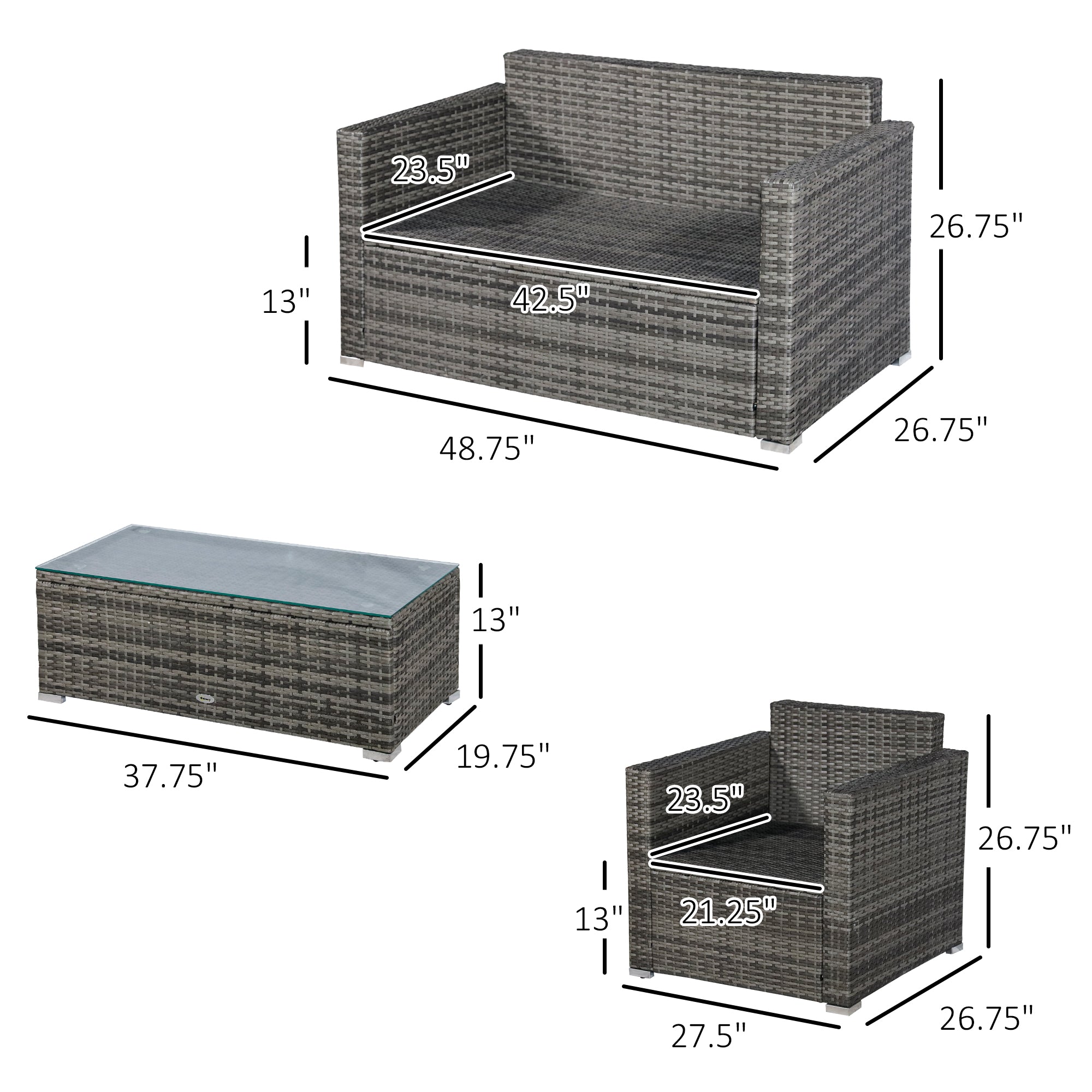 4 Piece Wicker Patio Furniture Set with Cushions, Outdoor Sectional Furniture with 2 Sofa, Loveseat, and Glass Top Coffee Table, Conversation Sofa Sets for Garden, Black