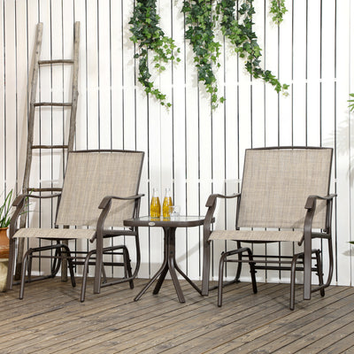 3 Piece Outdoor Glider Chair with Coffee Table Bistro Set, 2 Patio Rocking Swing Chairs with Breathable Sling Fabric, Glass Tabletop, for Backyard, Garden and Porch