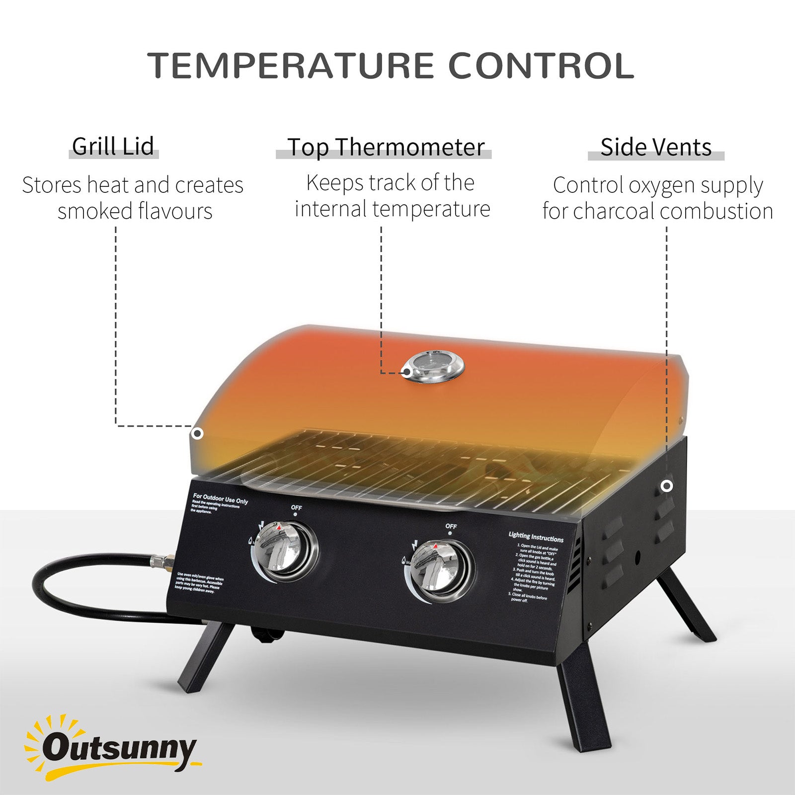21.75" Charcoal BBQ, Portable Grill with 2 Burners, Heat-Resistant Handle, Folding Legs, Removable Ashtray, Thermometer, Carbon Steel, for Outdoor Cooking, Camping