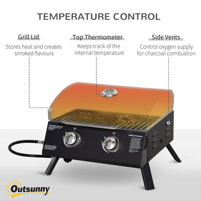 21.75" Charcoal BBQ, Portable Grill with 2 Burners, Heat-Resistant Handle, Folding Legs, Removable Ashtray, Thermometer, Carbon Steel, for Outdoor Cooking, Camping
