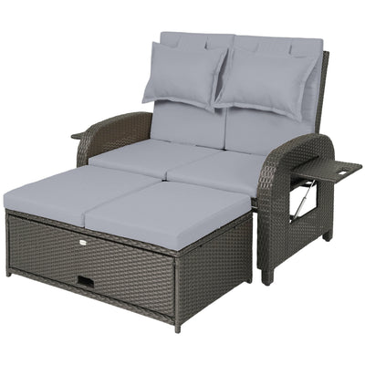 Patio Rattan Daybed, Wicker Outdoor Daybed with Storage Ottoman, Loveseat w/ Adjustable Backrest
