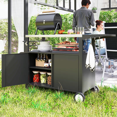 Outdoor Grill Cart Table with Stainless Steel Top, Movable Pizza Oven Table with Foldable Side Table, Wheels