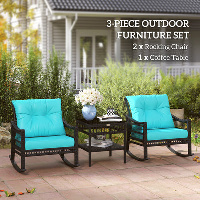 3 Piece Outdoor PE Rattan Rocker Chair Set, Rocking Chair with Tempered Glass Table Top