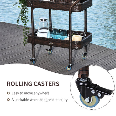 PE Rattan Outdoor Bar Table, Outdoor Kitchen Island with 2-Tier Shelf, Wheeled Patio Serving Cart with Brakes for Poolside, Garden, Brown