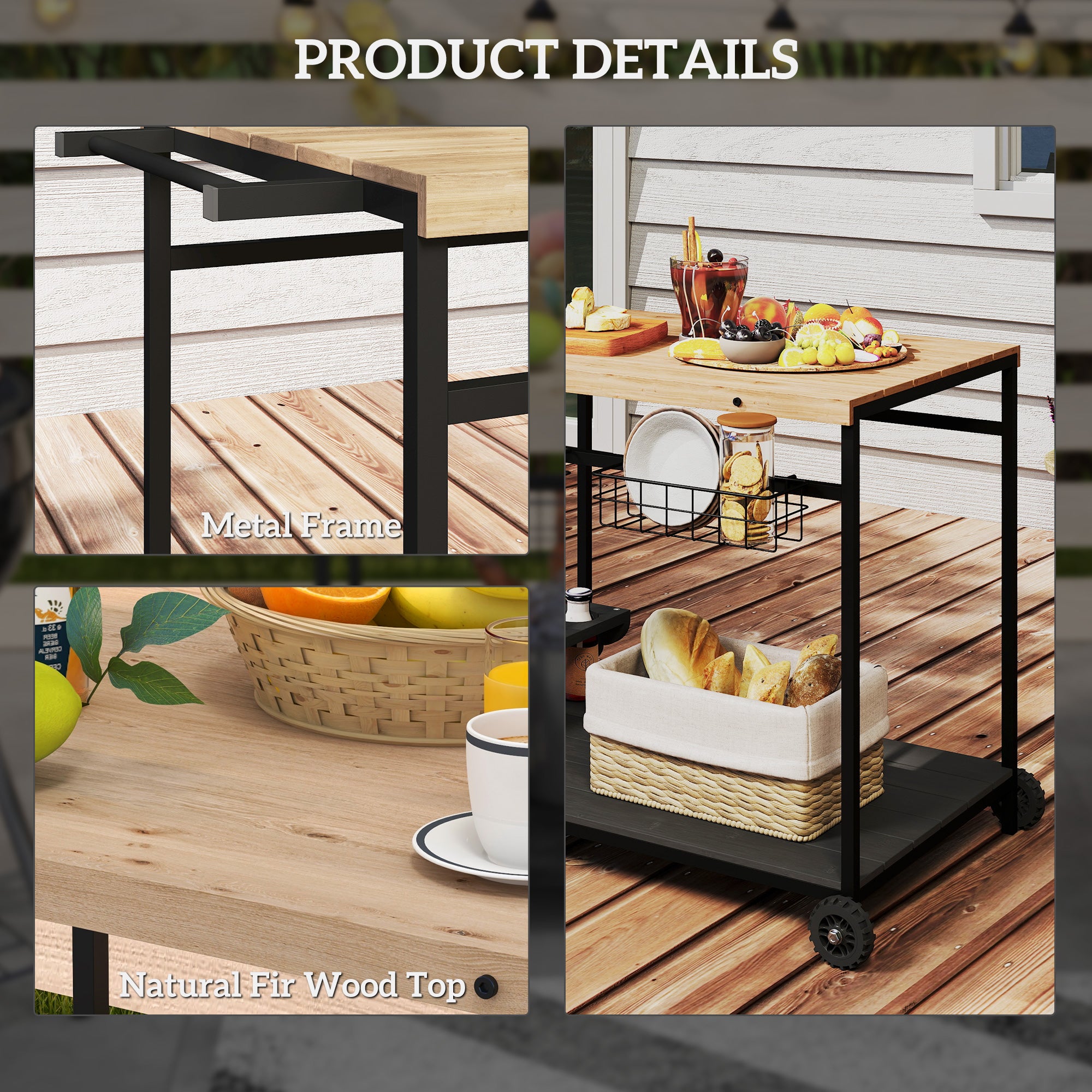 Outdoor Bar Cart Patio Serving Cart with Wine Holders Natural