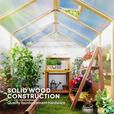 6.6 x 8 ft. Polycarbonate Greenhouse Wooden Walk-in Greenhouse Kit with Thickened Panels, Roof Vent, and Lockable Door