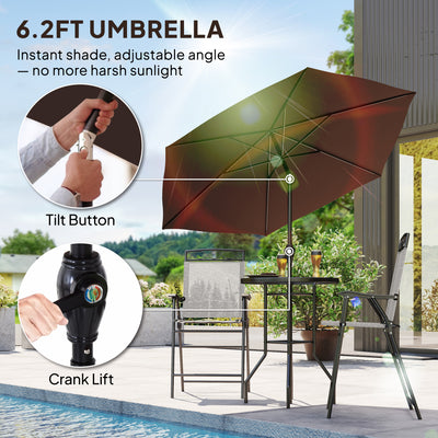 4 Piece Outdoor Bar Set with Umbrella, Patio Dining Set with 2 Folding Chairs, Wave Textured Tempered Glass Table for Backyard, Garden, Deck, Poolside