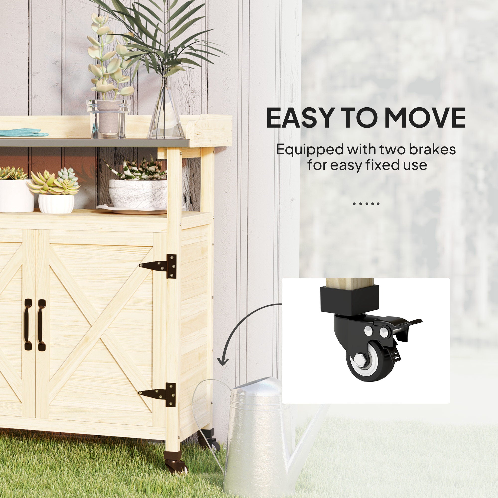 Outdoor Wooden Potting Bench with Storage Cabinet, Aluminum Tabletop, Rubber Wheels for Backyard, Patio, Balcony