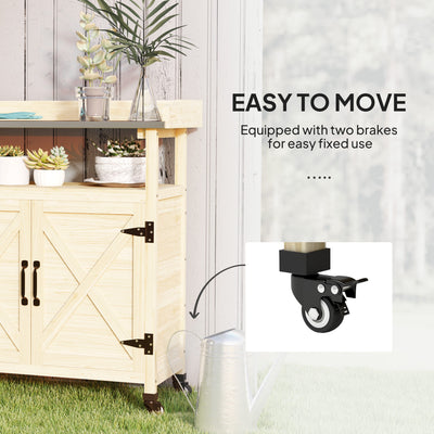 Outdoor Wooden Potting Bench with Storage Cabinet, Aluminum Tabletop, Rubber Wheels for Backyard, Patio, Balcony