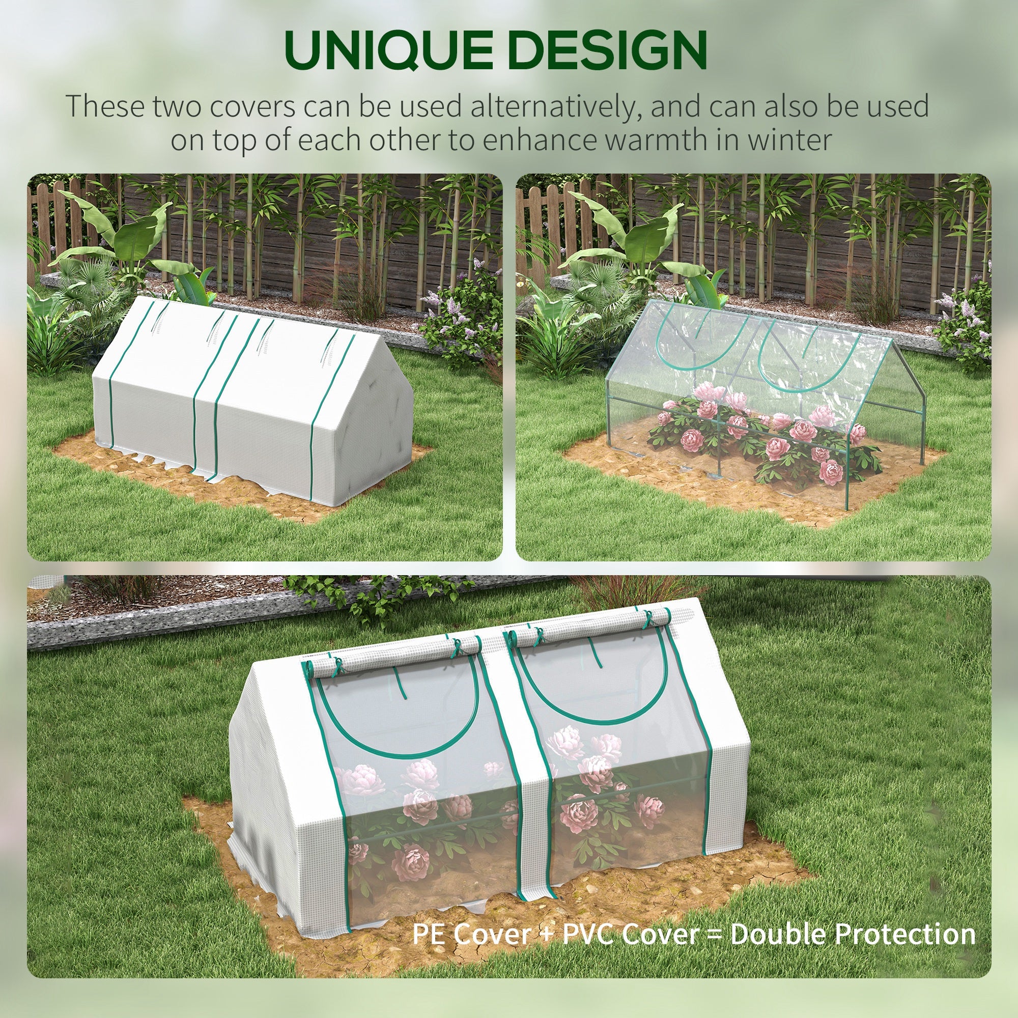 6' x 3' x 3' Portable Greenhouse, Garden Hot House with Two PE/PVC Covers and 2 Roll Up Windows, Green