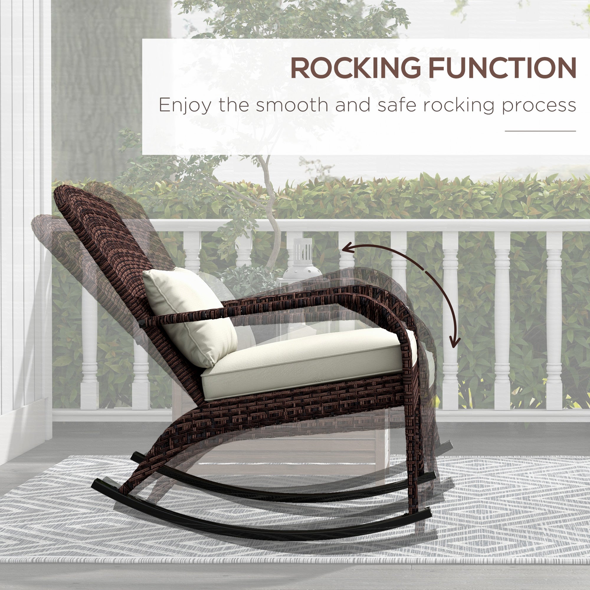 Adirondack Chair, Outdoor Wicker Rocking Chair with High Back, Seat Cushion, and Pillow for Porch, Balcony
