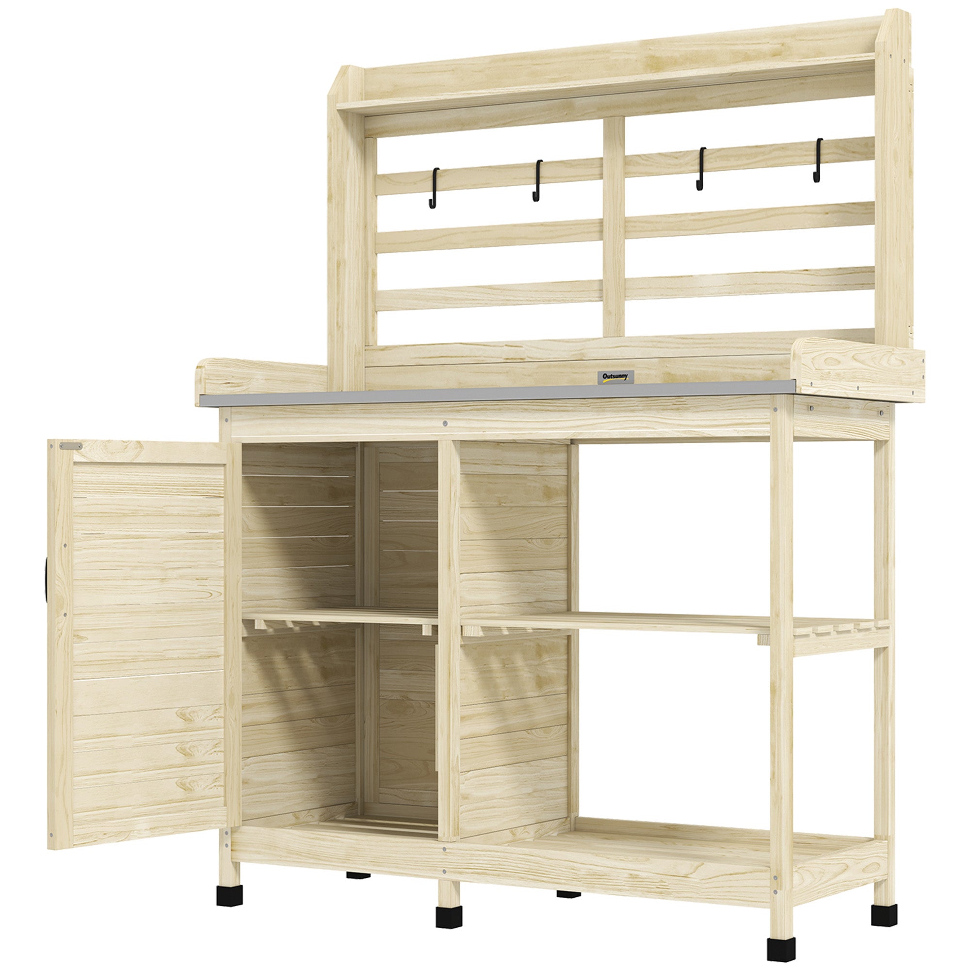 Wooden Potting Bench with Storage, Aluminum Tabletop for Backyard, Patio, Balcony