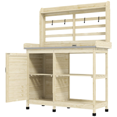 Wooden Potting Bench with Storage, Aluminum Tabletop for Backyard, Patio, Balcony
