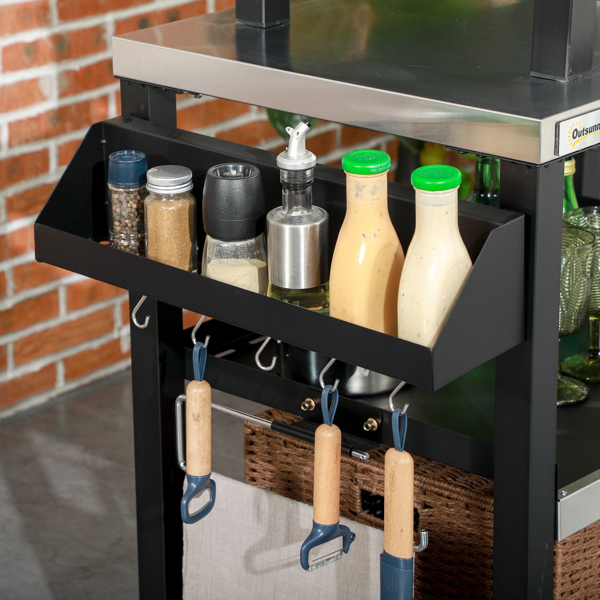 3-Shelf Outdoor Grill Cart Table with Side Handle, Stainless Steel Pizza Oven Stand on Wheels, Black