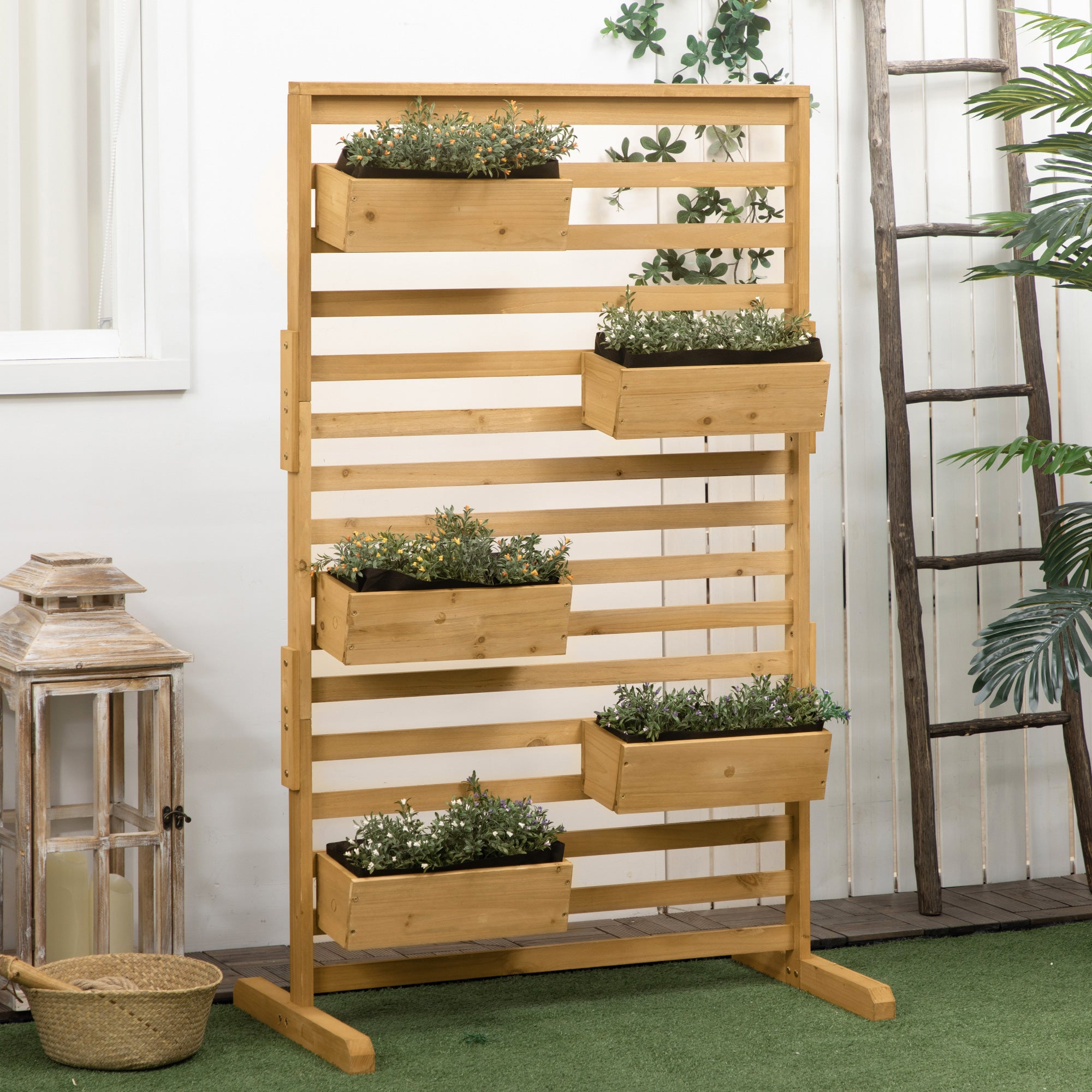 Wooden Plant Trellis Stand with 5 Hanging Planter Boxes, Freestanding Outdoor Plant Stand for Patio, Garden, Balcony, Porch