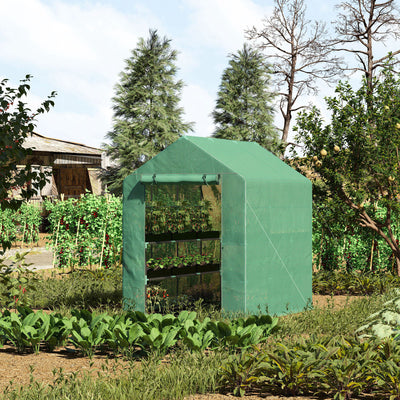 7' x 5' x 6' Walk-in Greenhouse for Outdoors with Mesh Door, 18 Shelf Hot House with Trellis, Plant Labels, UV Protective, Steel Frame for Growing Flowers, Herbs, Vegetables, Saplings, Green