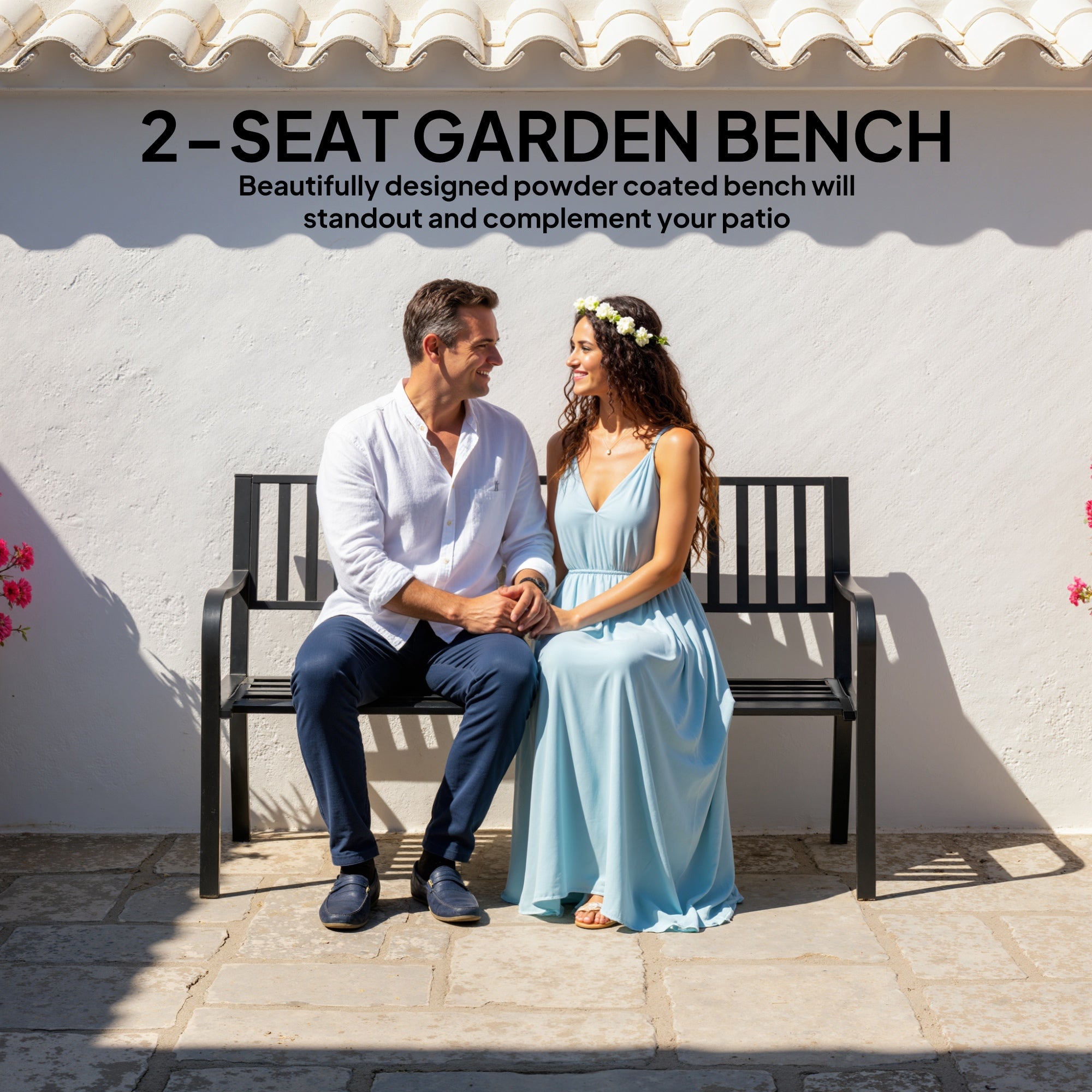 50" Outdoor Garden Bench, Patio Bench with Slatted Seat, Metal Porch Bench for Backyard, Poolside, Lawn, Black