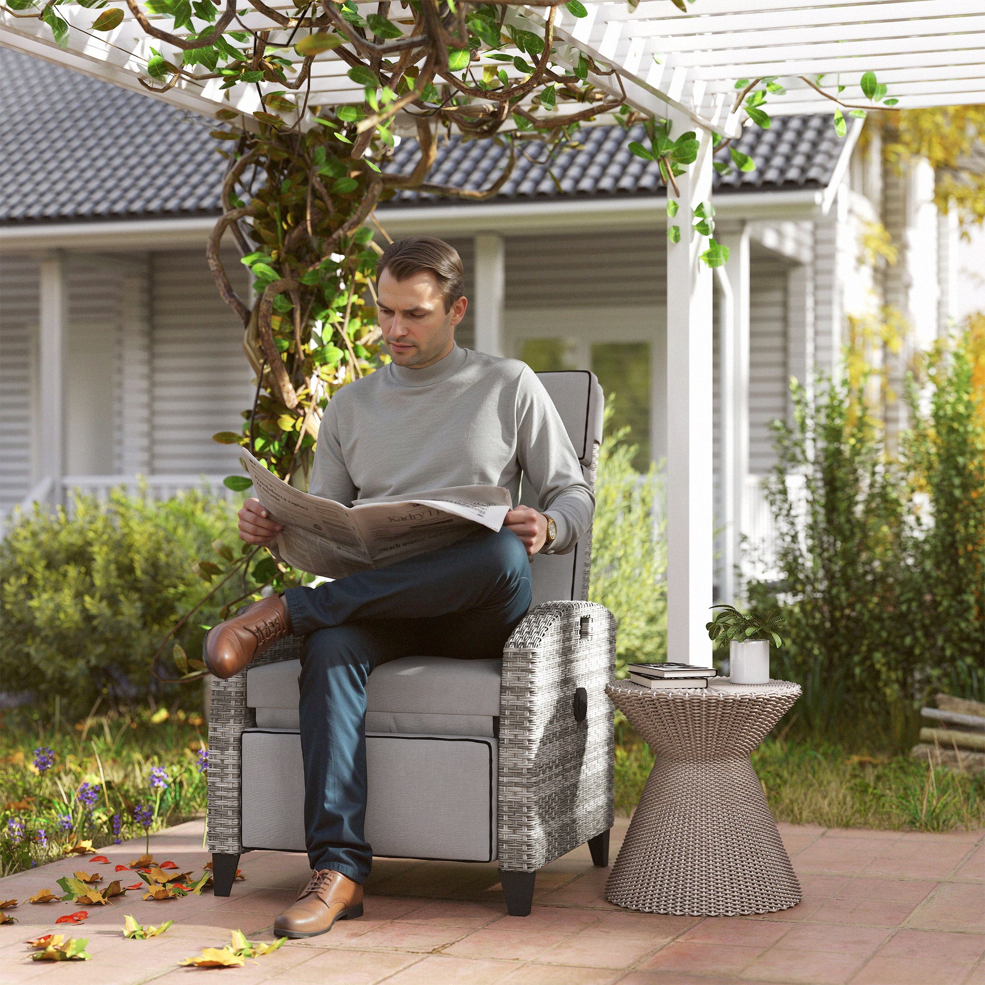 Outdoor Recliner Chair with Cushions, Reclining Patio Lounge Chair with Adjustable Footrest, Armrests, Tray Table