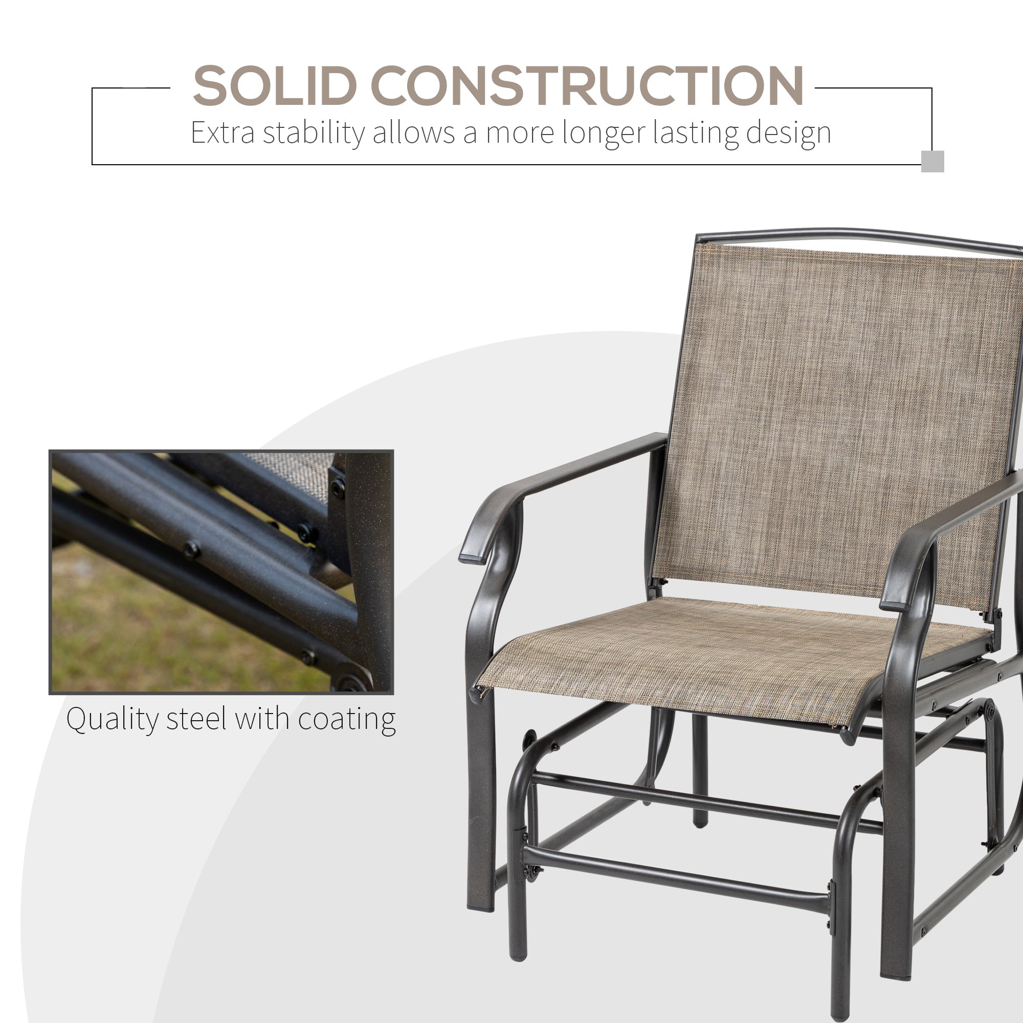 2 Piece Glider Set, Outdoor Swing Chairs, Patio Rocking Armchairs with Breathable Mesh Fabric, Steel Frame for Garden, Backyard, Patio, Dark, Brown/Khaki