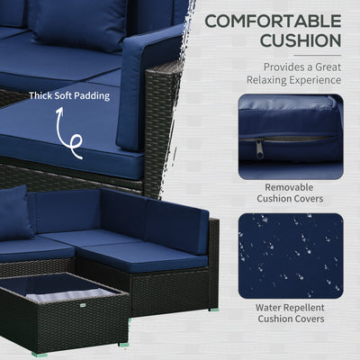 7 Piece Patio Furniture Set, Wicker Outdoor Sectional Sofa Set, All Weather PE Rattan Outdoor Furniture Conversation Sets with Cushions, Glass Top Coffee Table, Pillows, Dark Blue