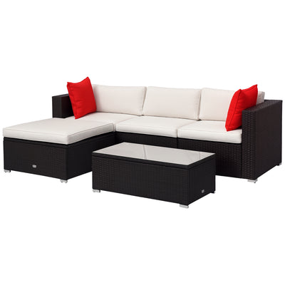 5-Piece Patio Furniture Set with Cushions, Outdoor PE Rattan Wicker Sofa Set, Sectional Furniture with Pillows, Glass Coffee Table for Garden, Backyard, Brown/Cream White