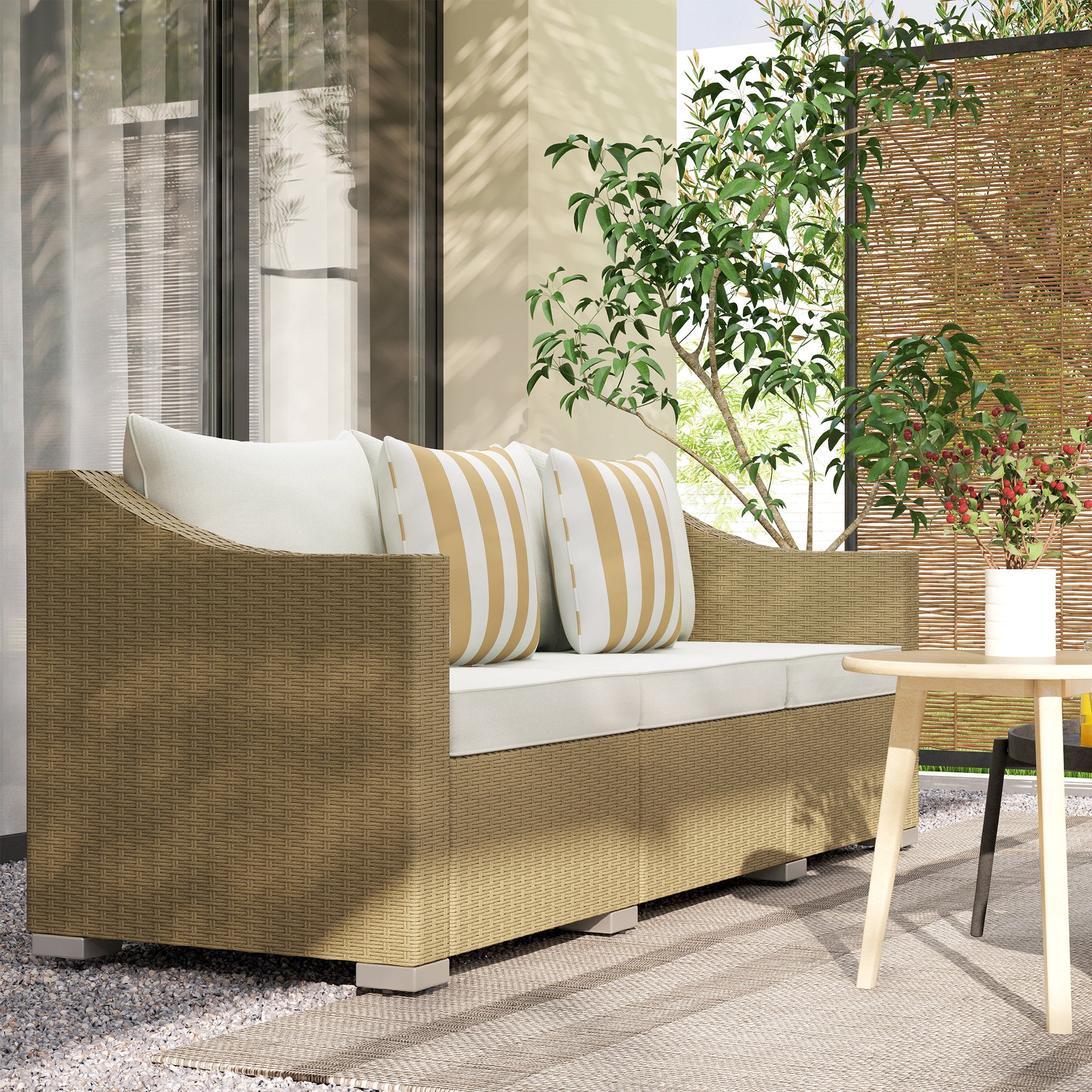 Rattan Wicker 3 Seater Patio Couch with Cushions, 2 Throw Pillows, Outdoor Furniture Rattan Sofa